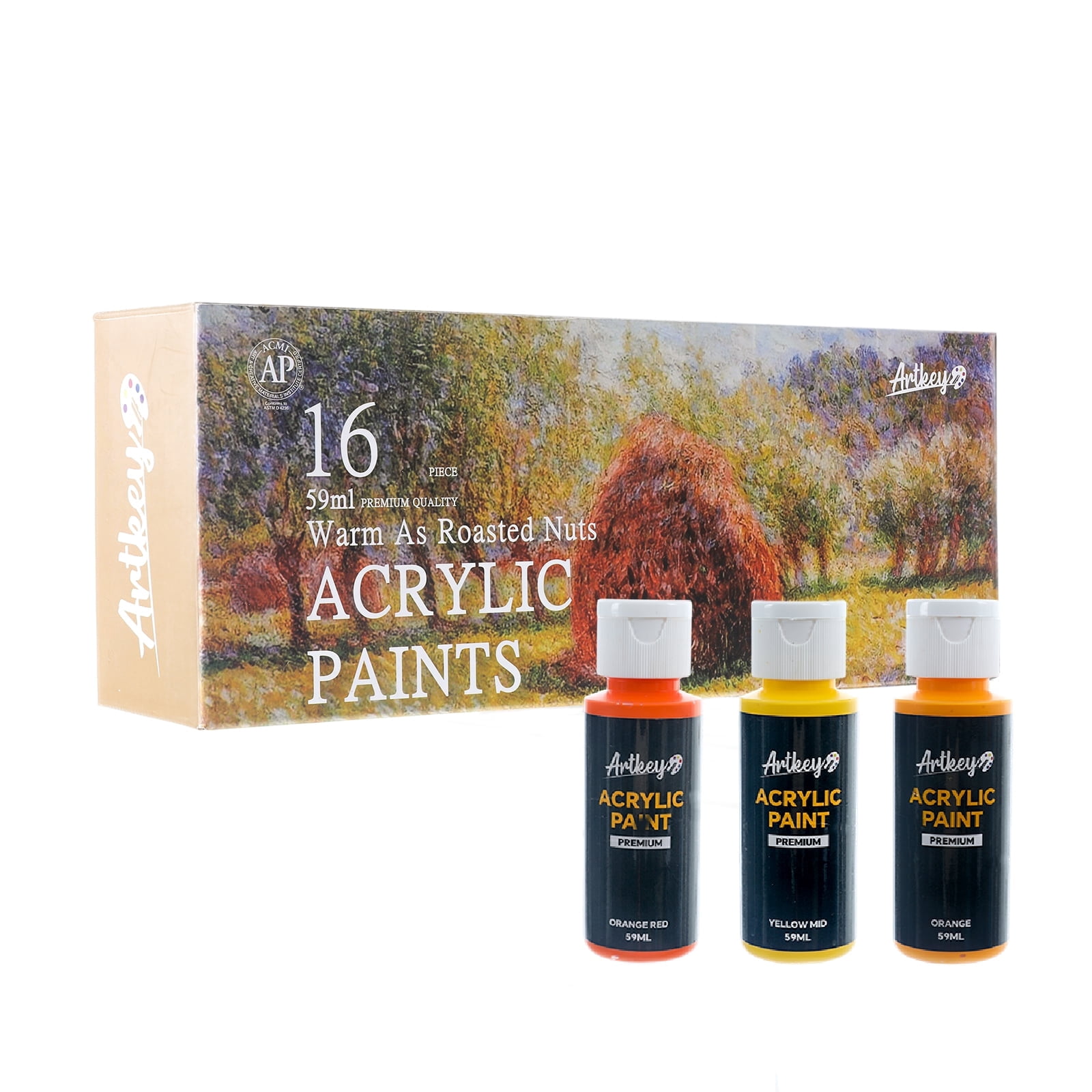 Artkey Acrylic Paint Set, 16 Colors 2 oz/59 ml Acrylic Paint Kit for Professional Artists & Beginners – Fall Warm