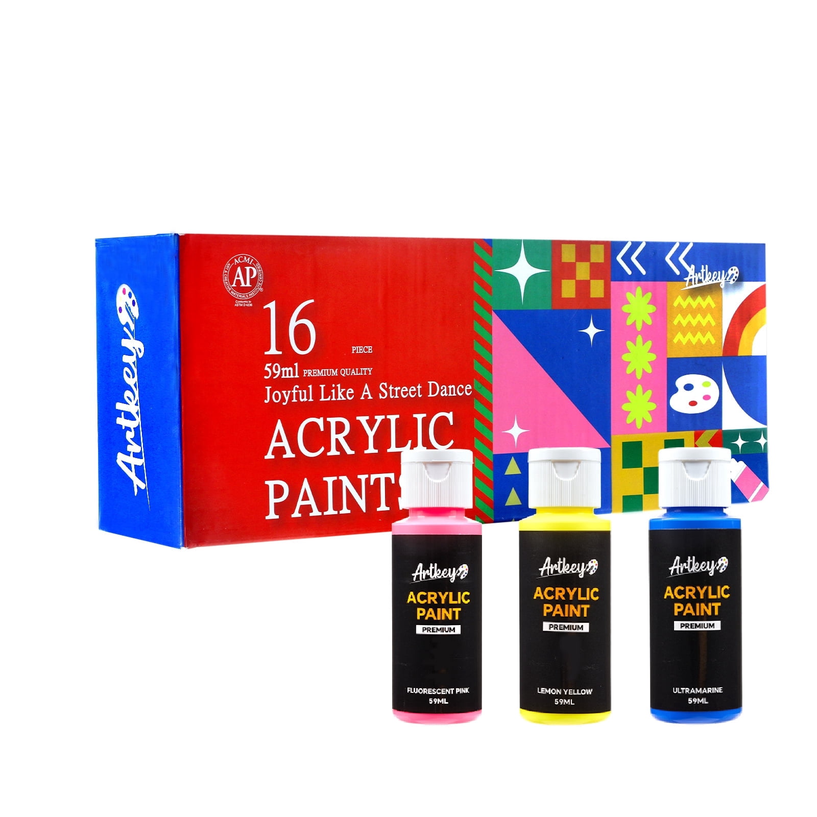 Artkey Memphis Style (2oz /59ml) Acrylic Paint Set, 16 Colors for Professional Artists & Beginners