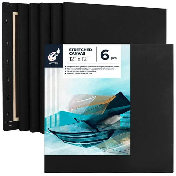 Artkey Black Canvas, 12X12" Stretched Canvases for Painting, 100% Cotton Black Canvas for Kids Adult Paint, 6-Pack