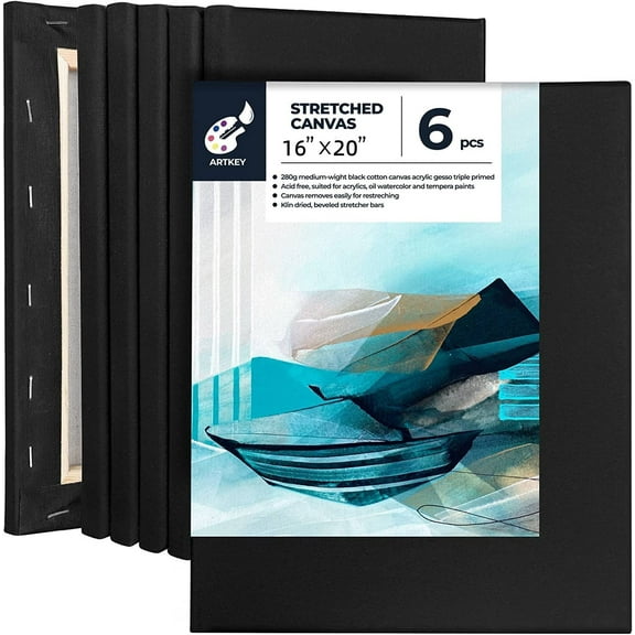 Artkey Black Canvas, 16"x20"-6 Pack,100% Cotton Black Stretched Canvases for Painting, Gift for Adult & Kids 3-15 Years Old