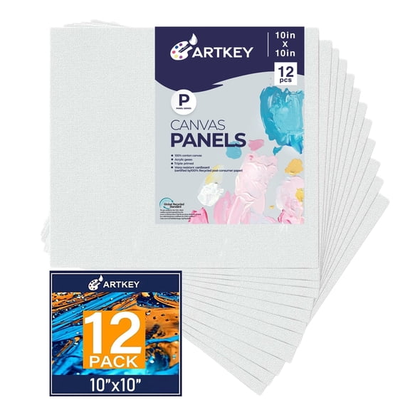 Artkey Canvas Panels 10x10 inch 12-Pack, Acid-Free 100% Cotton Canvas Boards for Painting