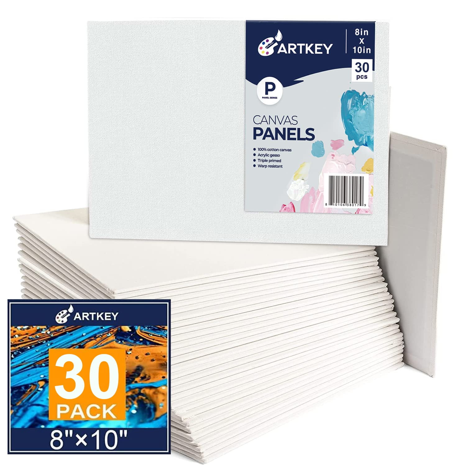 Artkey Canvas Panels 8x10 inch 12-Pack, 10 oz Double Primed Acid-Free 100% Cotton Paint Canvases for Painting, Blank Flat Canvas Board for Acrylics