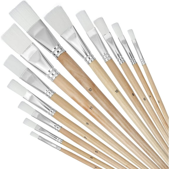 Artkey Nickel Nylon Hair Paint Brushes Set, 12 Pcs Flat Tips Brushes for Adult & Kid 3-15 Years Old