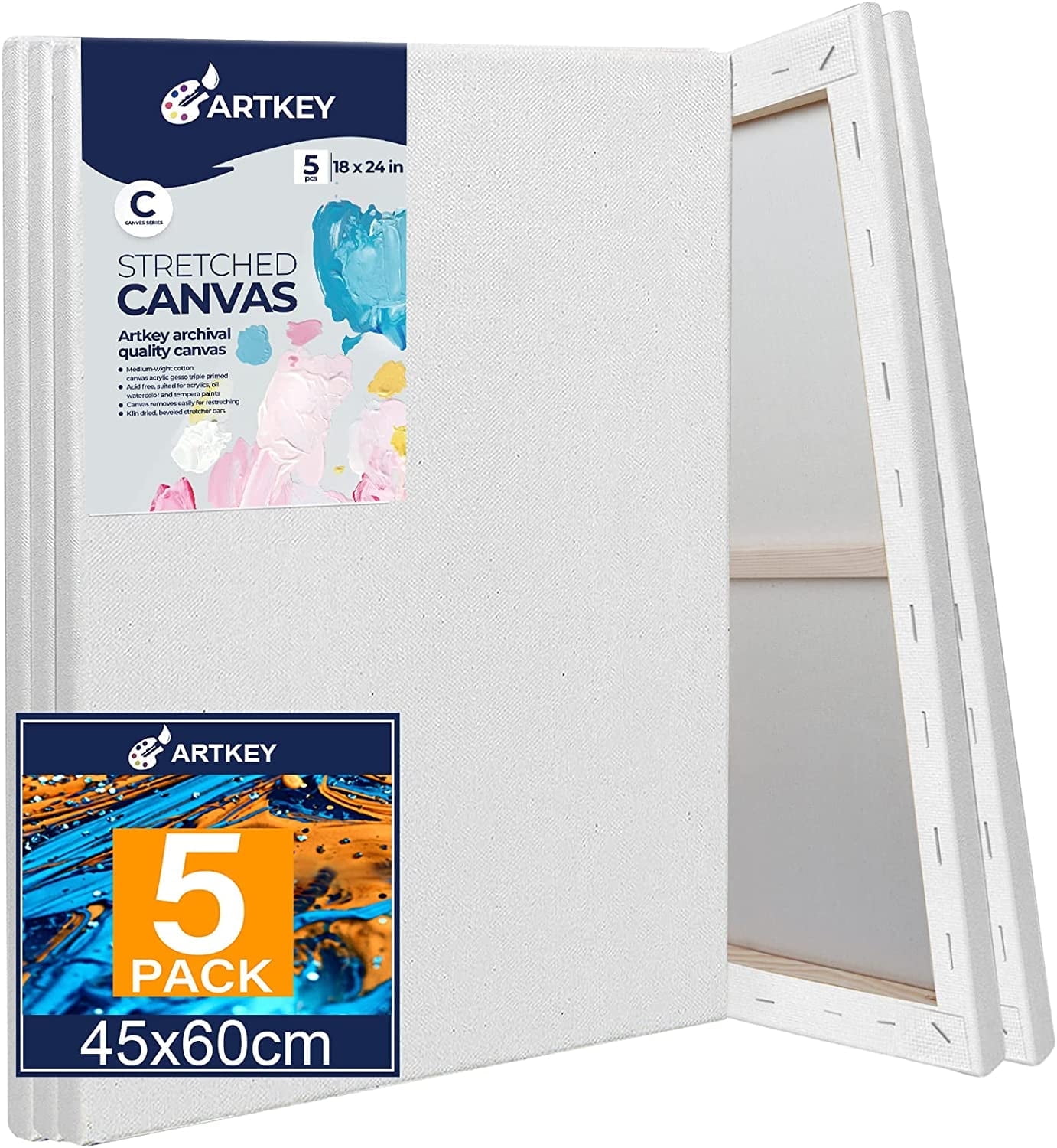 Artkey Stretched Canvas, 18"x24"-5 Pack,100% Cotton Acid-Free White Canvas Boards for Paintings, Gift for Adult & Kids 3-15 Years Old