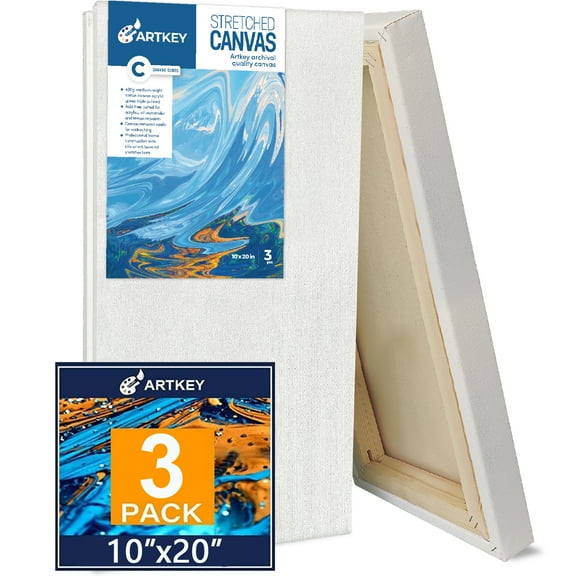 Artkey White Stretched Canvases,Triple Primed 100% Cotton Acid-Free Art Canvas for Adult, 10"x20" - 3 Pack