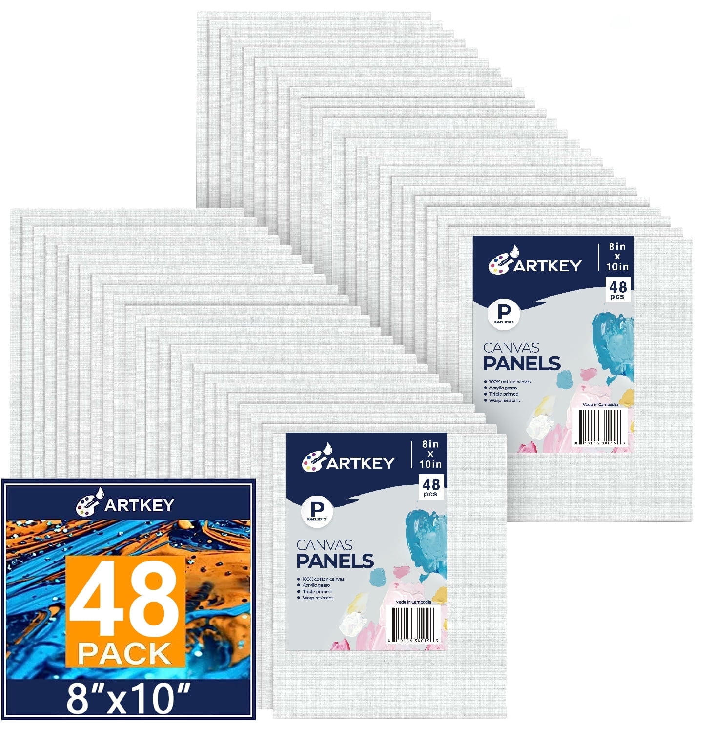 Artkey White Canvas Panels 8x10 inch 48-Pack, Acid-Free 100% Cotton Paint Canvases Boards for Painting for Adult