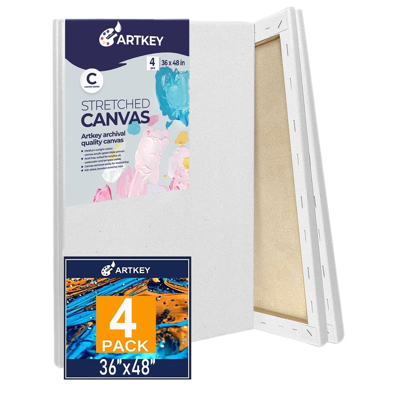 Artkey White Stretched Canvas for Paintings, 36"x48"-4 Pack,100% Cotton Acid-Free for Adult
