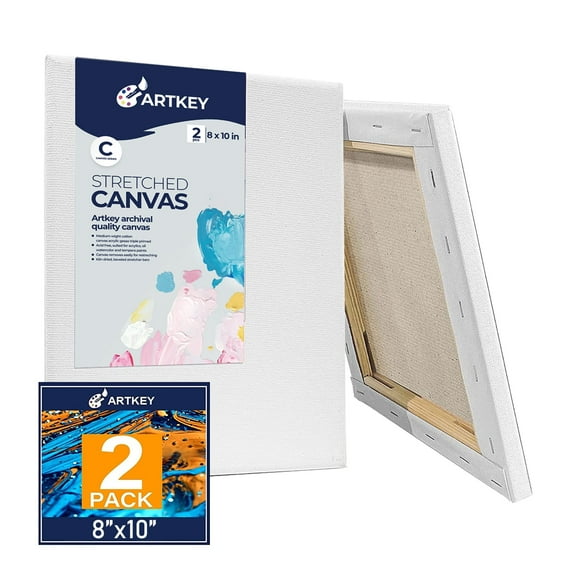 Artkey White Stretched Canvas for Paintings, 8"x10"-2 pack,100% Cotton Acid-Free for Adult