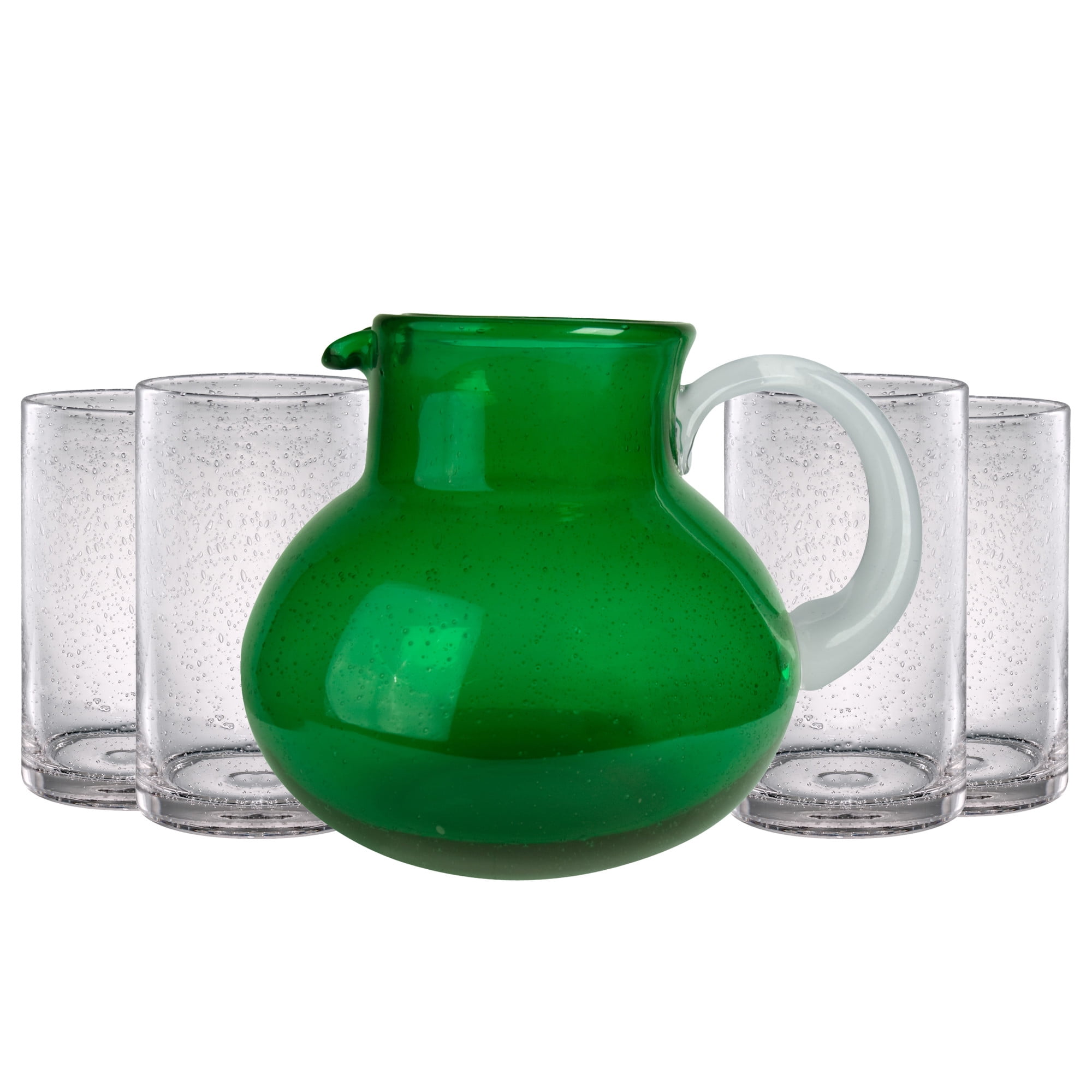 Hand Blown Green Glass Pitcher with Clear Highball Glasses Set