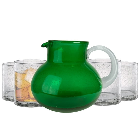 Artland Iris 90oz Hand Blown Pitcher & Double Old Fashion 14oz Glasses (Set of 4) - Lead-Free Bubble Shape Glassware for Stylish Serving and Dining - Kitchen Essential & Table Decor (Green)