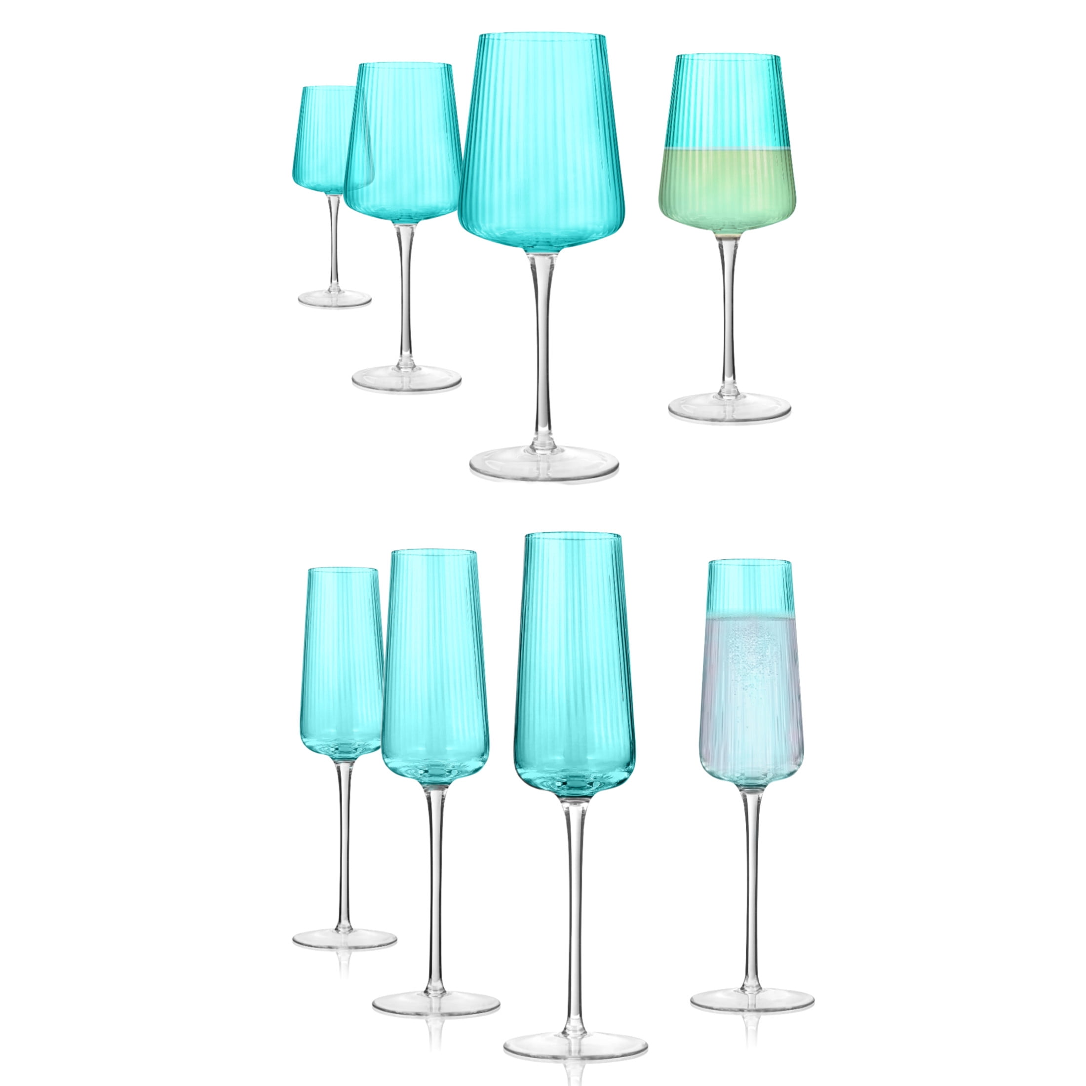 Artland Soho Optic 8.5 oz Champagne Flute & 14 oz Goblet (8-Piece Set) - Stemmed Glasses for Weddings, Parties - Versatile Use Cocktails, Prosecco, Wine Ideal Gift Idea, Dishwasher Safe (Turquoise)