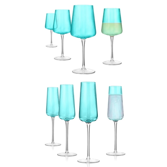 Artland Soho Optic 8.5 oz Champagne Flute & 14 oz Goblet (8-Piece Set) - Stemmed Glasses for Weddings, Parties - Versatile Use Cocktails, Prosecco, Wine Ideal Gift Idea, Dishwasher Safe (Turquoise)