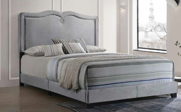 Reuben Queen Gray Velvet Upholstered Bed with Nailhead Trim