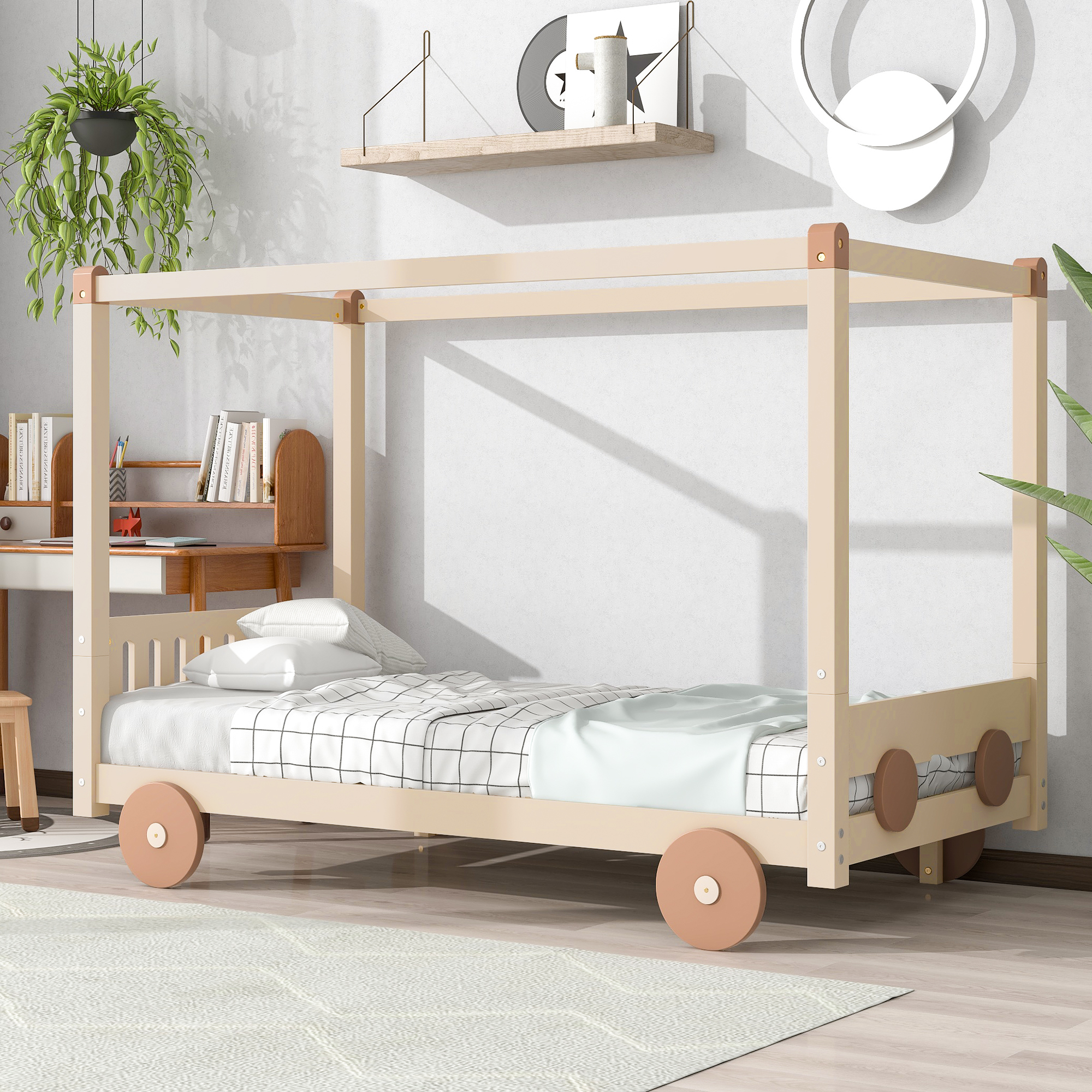 Artlia Twin Size Canopy Car-Shaped Platform Bed,Natural+Brown - image 1 of 7
