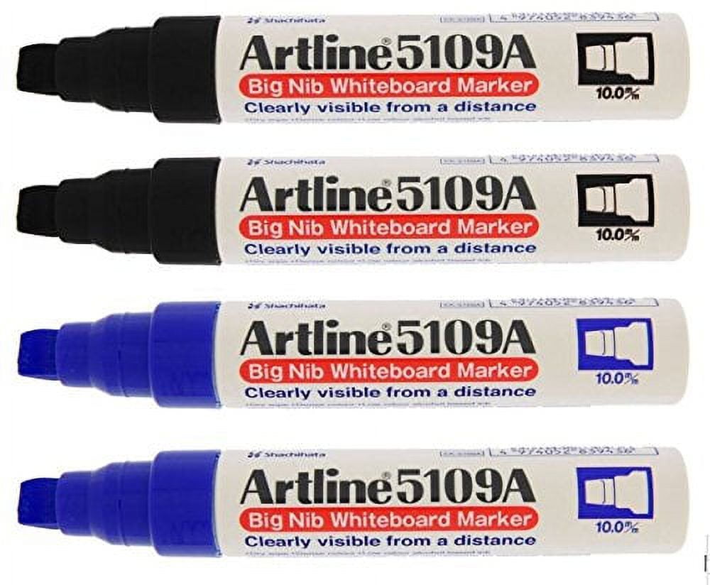 Artline 5109A Big Nib 10mm Dry Erase Extra Thick Whiteboard Markers, 4  Markers (2 Black, 2 Blue) 