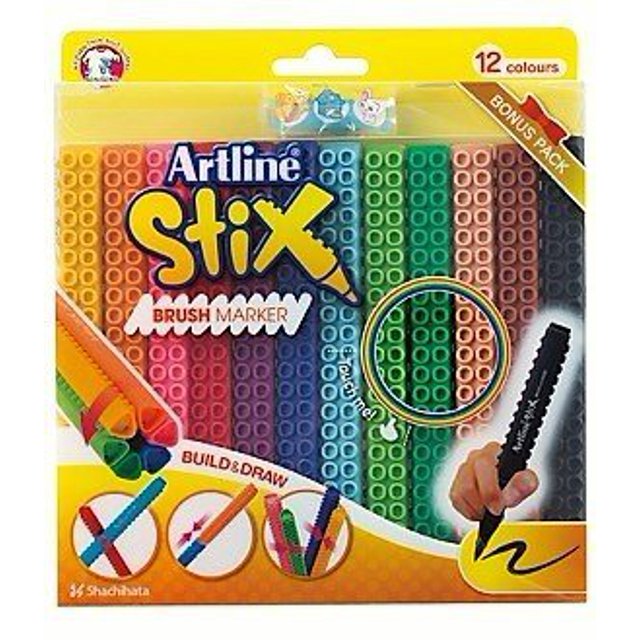 Artline Stix Brush Markers pens 12 Assorted Color Set, Calligraphy and