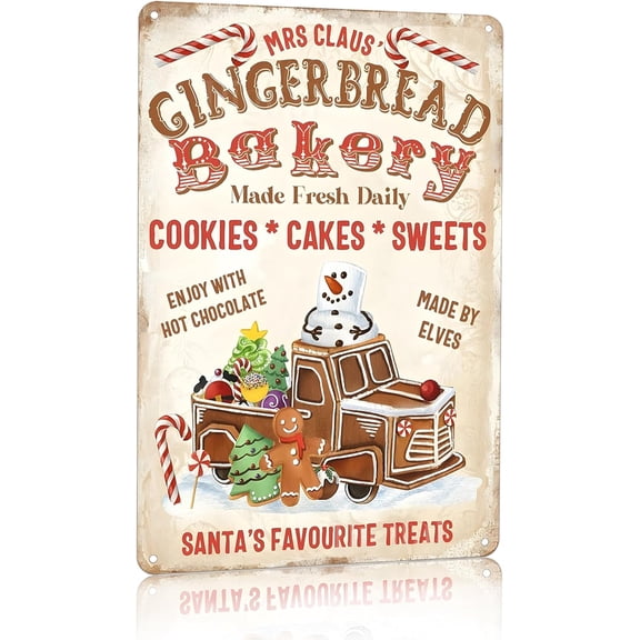 Artlunar Vintage Christmas Decor Gifts Rustic Christmas Mrs Claus Gingerbread Bakery Santa‘s Favorite Treats Tin Sign for Home Farmhouse Kicthen Cafe Bar Wall Decor 8 x 12 inches (3244)