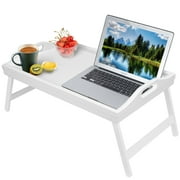 Artmalle Bamboo Bed Tray Table with Folding Legs Rectangle Serving Tray , Breakfast Tray for Sofa, Bed, Eating, Working, White, Large Size 22x10. 2x9Inch