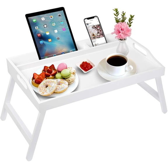 Artmalle Bed Tray Table with Carrying Handles Folding Legs Bamboo White Lap Table Tray with Phone Holder, Rectangle Food Serving Trays for Eating on Bed, 20"x12", White