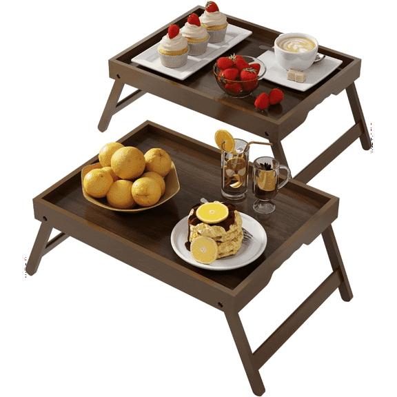Artmalle Bed Tray Table Folding Legs with Handles Groove Breakfast Food Tray for Sofa, Bed, Eating, Drawing, Platters Serving Lap Desk Snack Tray (Brown Medium)