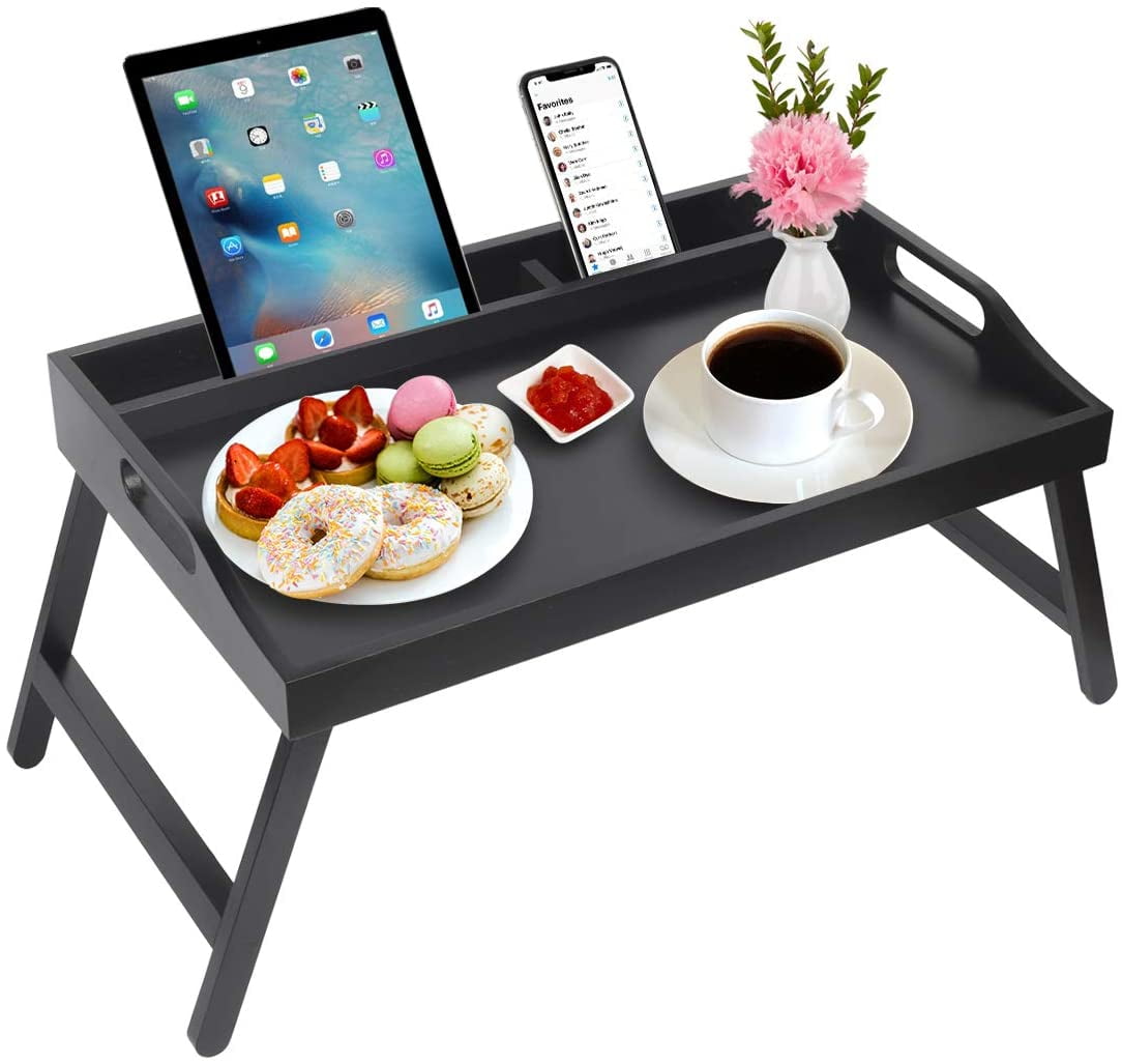 Lawei 2 Pack Bamboo Foldable Breakfast Table, Bed Tray Table with Legs,  Serving Tray with Handles