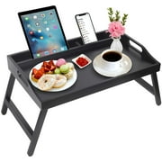 Artmalle Bed Tray Table with Handles Folding Legs Bamboo White Breakfast Food Tray with Media Slot, Black Tray Laptop Desk,Snack,TV Tray Kitchen Serving Tray,19.7x11.8inche