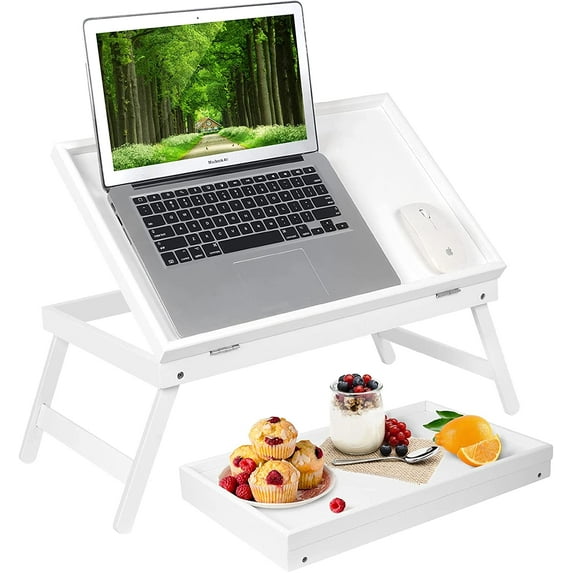 Artmalle Bed Tray Table Rectangle Breakfast Food Tray with Folding Legs White Kitchen Serving Tray for Lap Desks Notebook