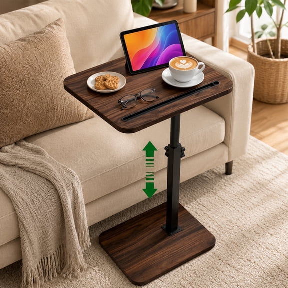 Artmeer 360 Degree Swivel TV Tray Table for Couch Adjustable Height Sofa Side C Table Laptop Desk with Phone Tablet Slot Small Space, Brown