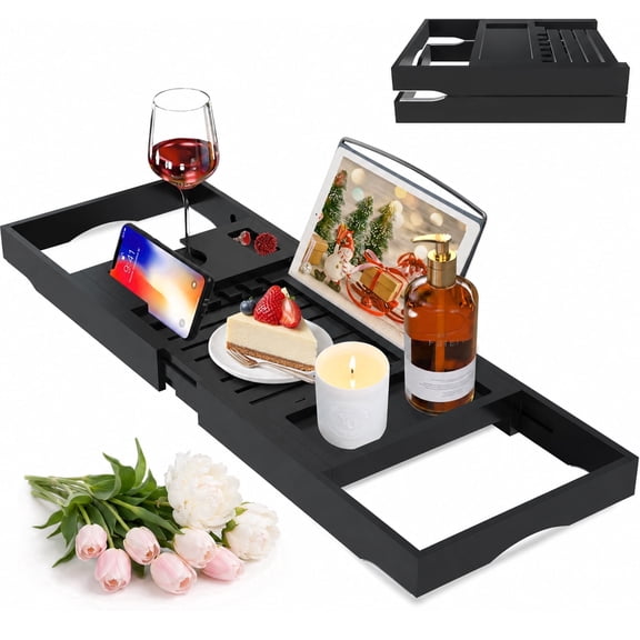 Artmeer Bamboo Bathtub Caddy Tray, Expandable Bath Table with Cup Holder, Book and Tablet Stand, Bathroom Organizer with Extending Sides, Black