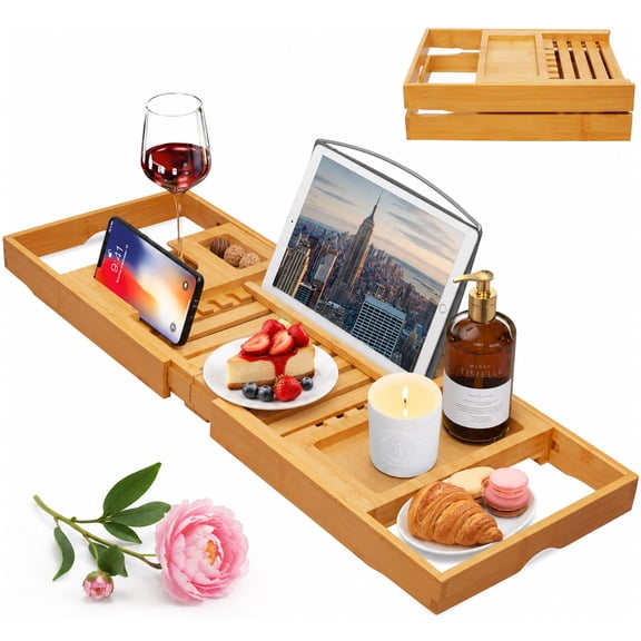 Artmeer Bamboo Bathtub Caddy Tray, Expandable Bath Table with Cup Holder, Book and Tablet Stand, Bathroom Organizer with Extending Sides, Natural