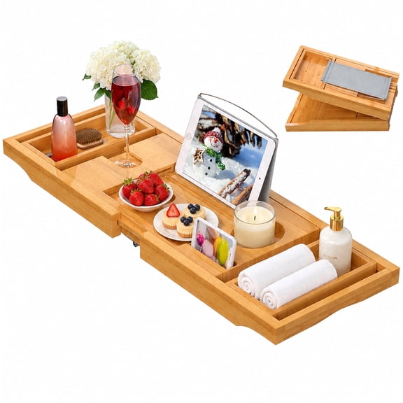 Artmeer Bamboo Bathtub Tray Caddy, Expandable Bath Table for Tub, Bathroom Organizer with Cup Holder, Book Stand and Extending Sides, Natural