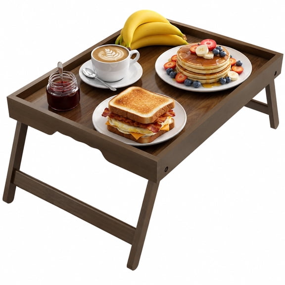 Artmeer Bamboo Bed Tray Table with Folding Legs Handles Phone Slot Breakfast Serving Tray Laptop Desk for Sofa Bed Eating Snacks, Walnut, Large