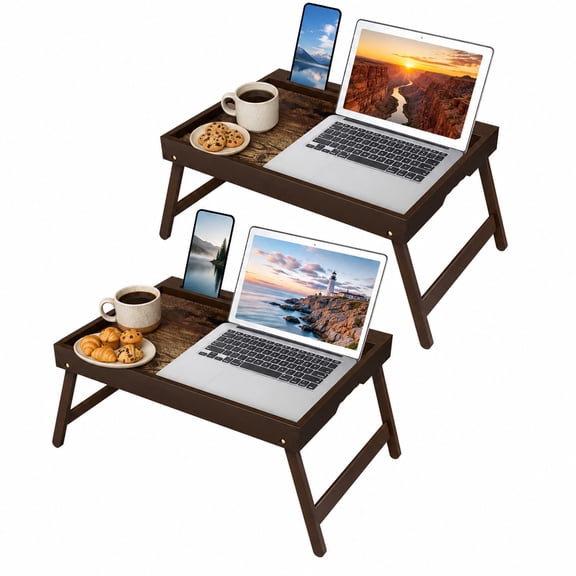Artmeer Bamboo Breakfast Bed Tray Table with Foldable Legs Detachable Stand Handles Laptop Tablet Phone Slot Vintage Walnut, 2 pack