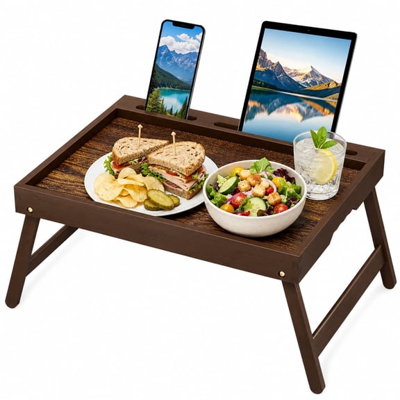 Artmeer Bamboo Breakfast Bed Tray Table with Foldable Legs Detachable Stand Handles Laptop Tablet Phone Slot Vintage Walnut