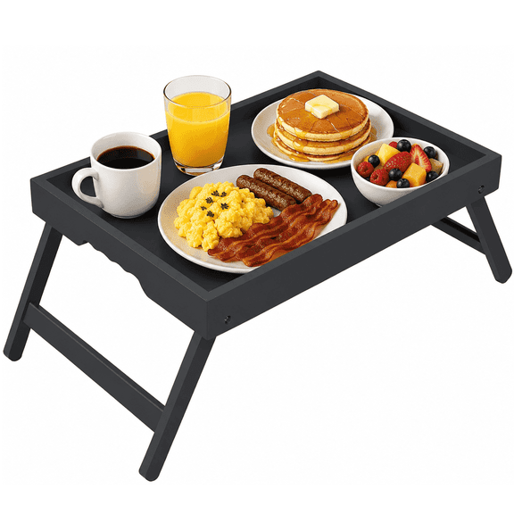 Artmeer Bamboo Breakfast Tray Table with Folding Legs, Bed Serving Tray for Laptop, Eating, Snacks, Sofa and Breakfast in Bed (Black) Extra-Large Size