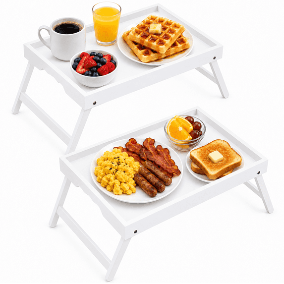 Artmeer Folding Bamboo Bed Tray Table, Breakfast in Bed Serving Tray, Laptop Desk for Eating, Snacks, Sofa and Beds 2 pack (White)