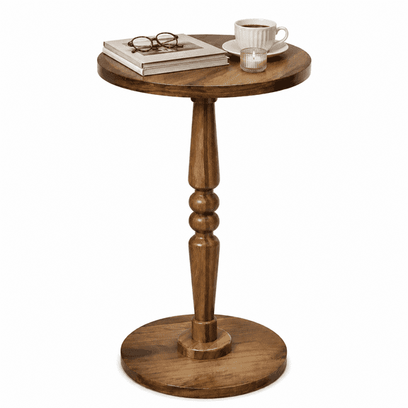Artmeer Round Side Table for Small Spaces Solid Wood Top Pedestal Accent End Table Nightstand Drink Stand for Living Room Bedroom Office Corner, Walnut
