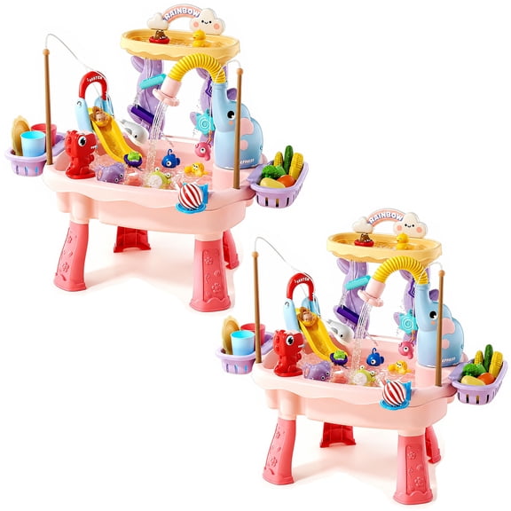 Artmeer Sand and Water Table Playset for Kids, Toddler Water Play Table with Electric Pump Faucet, Play Sink, Fishing Toys, 2 pack, Pink