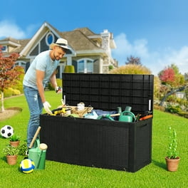 Rubbermaid Patio Chic Resin Weather Resistant Outdoor Storage Deck Box, 123  Gal., Black Oak Rattan Wicker Basket Weave & Suncast 99 Gallon Resin