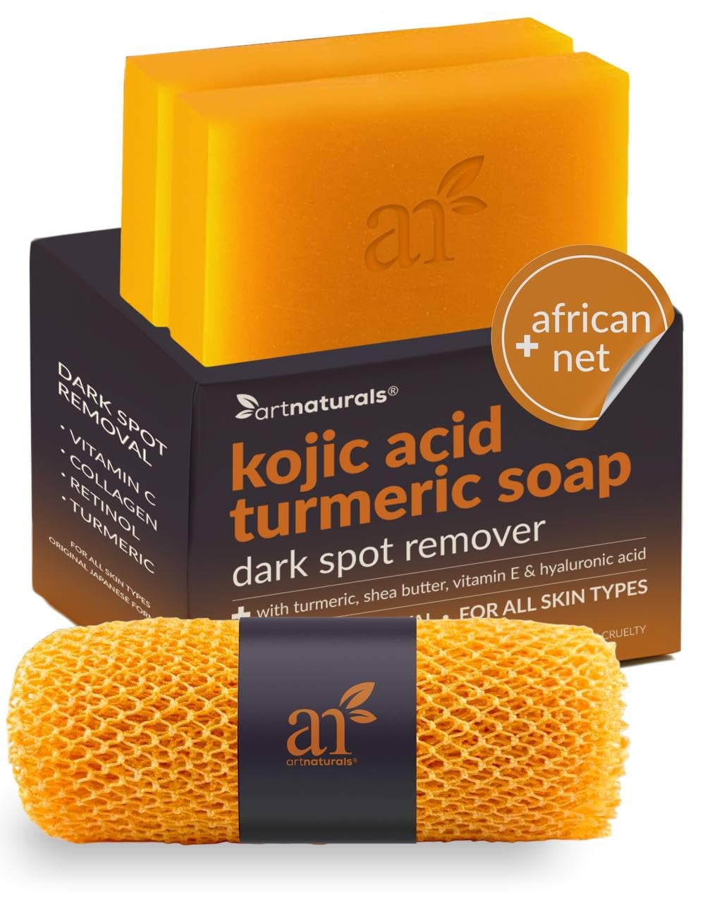 Artnaturals Kojic Acid Soap (2 pack X 142g Turmeric Bars) (includes African Net Sponge)