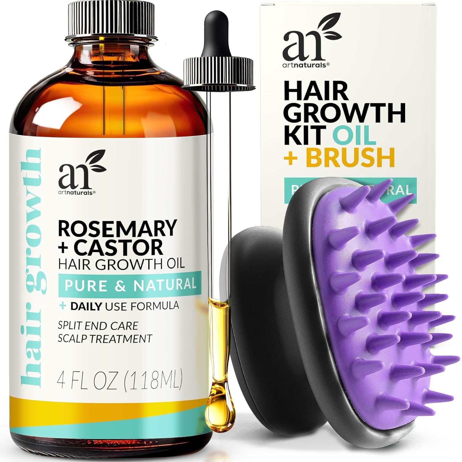 Artnaturals Organic Rosemary Castor Hair Oil + Massager Set 4 oz with
