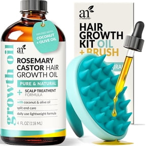 Artnaturals Organic Rosemary and Castor Hair Oil Set with Massager, 4 oz, with Coconut and Olive Oil for Dry Damaged Hair and Split Ends