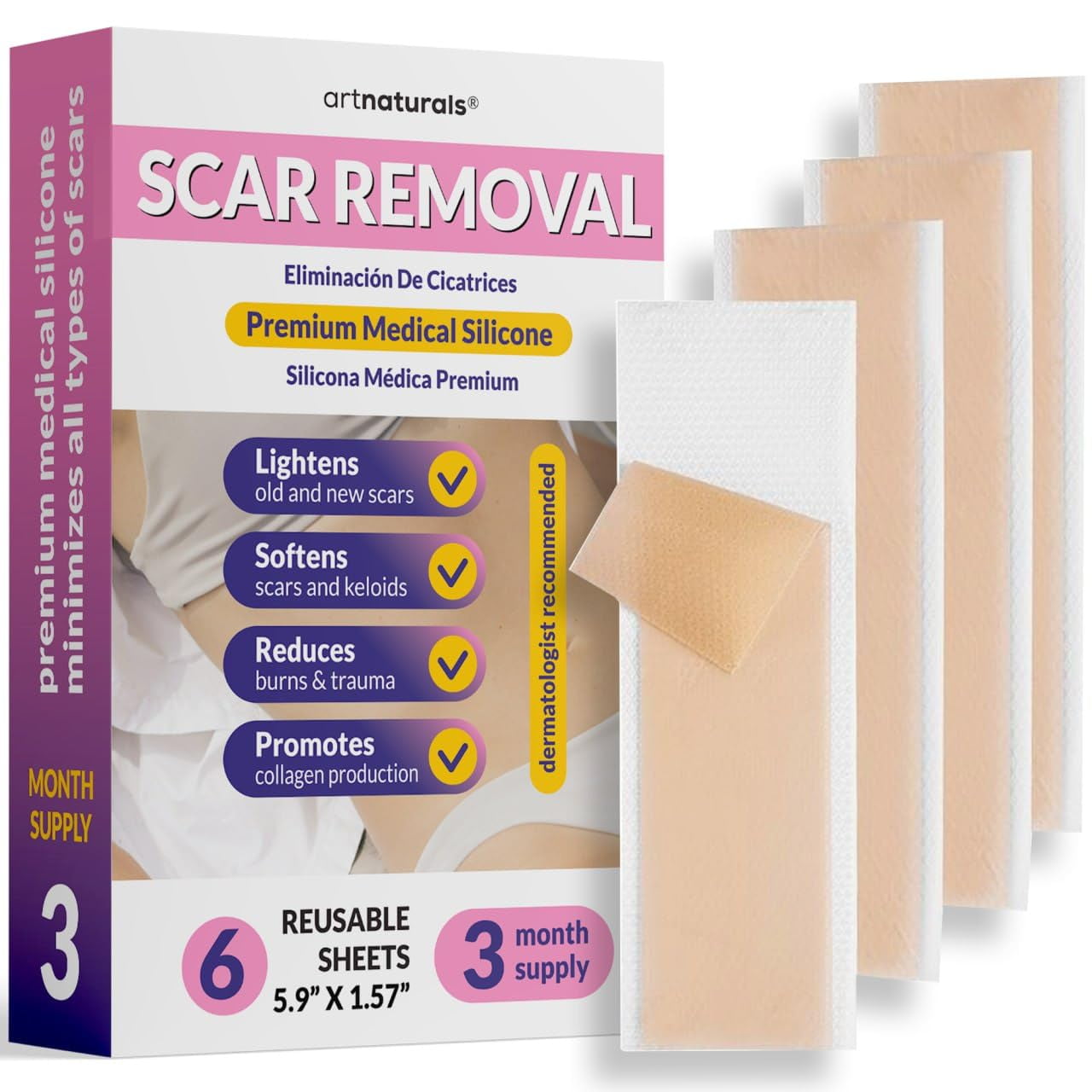 Artnaturals Silicone Scar Sheets (1.57"x 5.9") 6 Pack Reusable and