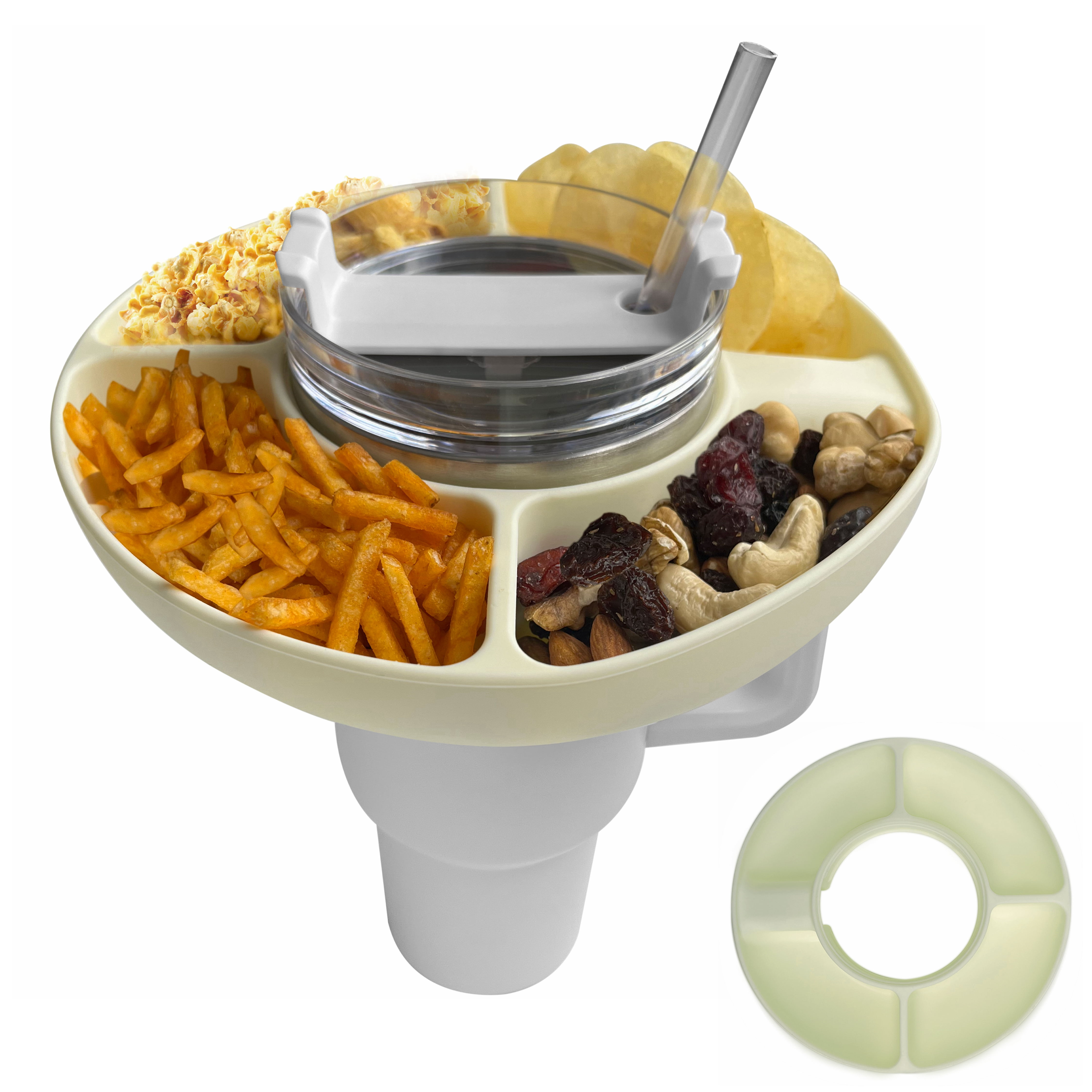 Artnice 4 Compartment Snack Bowl for Stanley Cup / Thermos 40 oz with  Handle, Reusable Snack Tray Ring Platters for Popcorns, White 