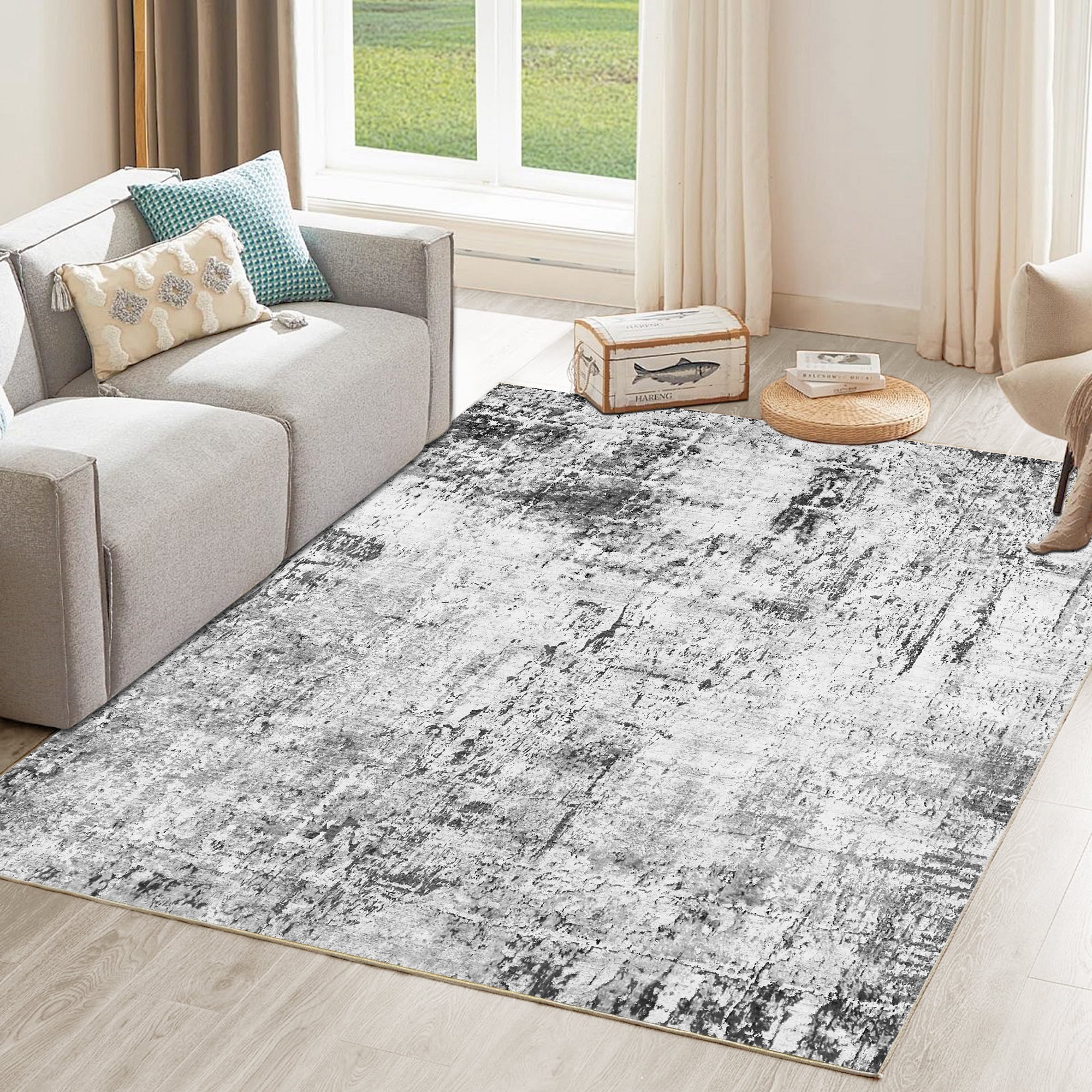 Kimberley Gray Abstract 5' x 7' Washable Area Rug with Non-Slip Backing