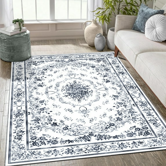 Artnice 5x7 Washable Area Rug Gray Vintage Rugs for Living Room, Accent Rugs Indoor Non Slip Carpet Floral Mats for Home Decor