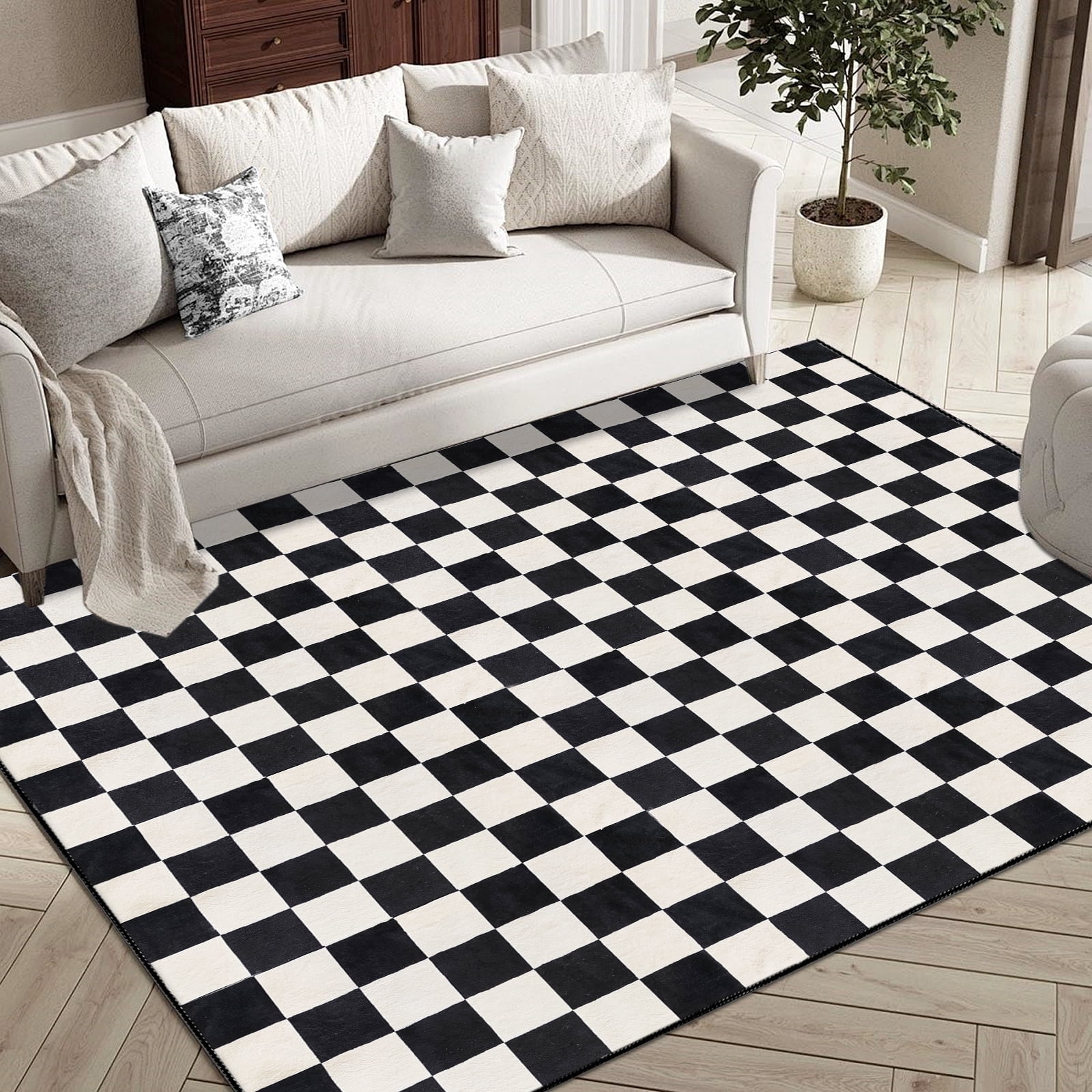 Black and White Geometric Checkered Synthetic Area Rug
