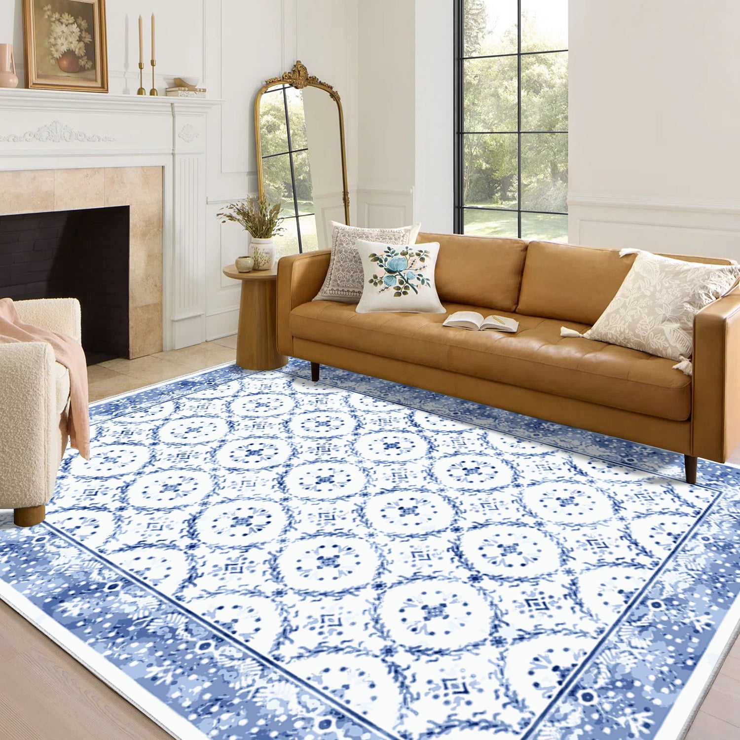 Artnice Vintage Floral Washable Rugs, Area Rugs for Living Room 8x10, Soft Faux Wool Room Rug Non Slip Indoor Carpet Mats for Home Decor, Blue and White