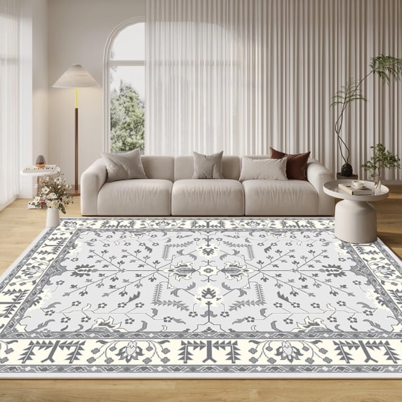 Artnice 8x10 Large Area Rug for Living Room, Vintage Boho Washable Area Rug Non Slip, Accent Carpet Low pile Retro Floral Print Rugs for Home Décor, Cream White