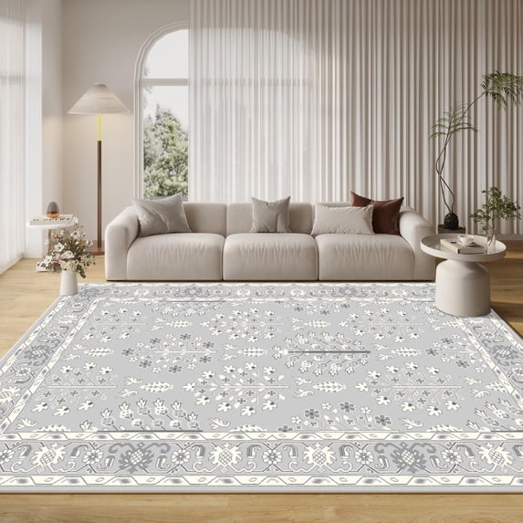 Artnice 8x10 Large Area Rug for Living Room, Vintage Boho Washable Area Rug Non Slip, Accent Carpet Low pile Retro Floral Print Rugs for Home Décor, Gray